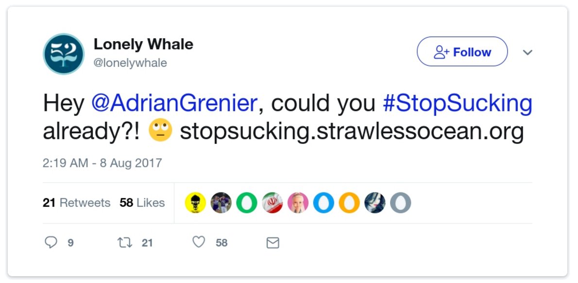 Example Tweet: Hey @AdrianGrenier, can you seriously #StopSucking?